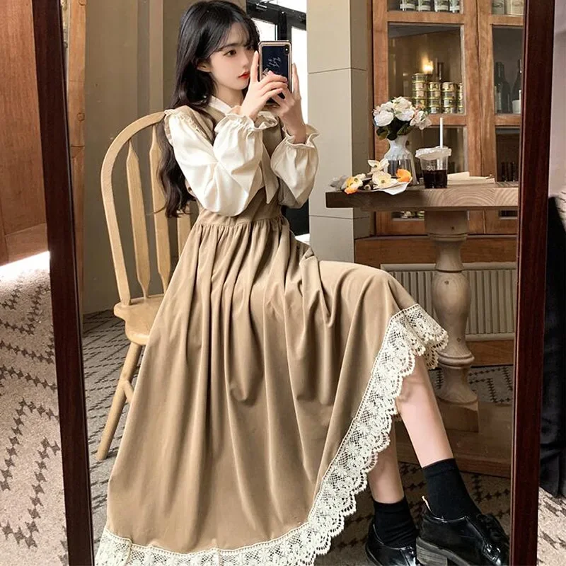 2024 Women's Autumn New Style French Vintage Bow Dress Artistic Preppy Style Sweet Age-Reducing Wide Skirt