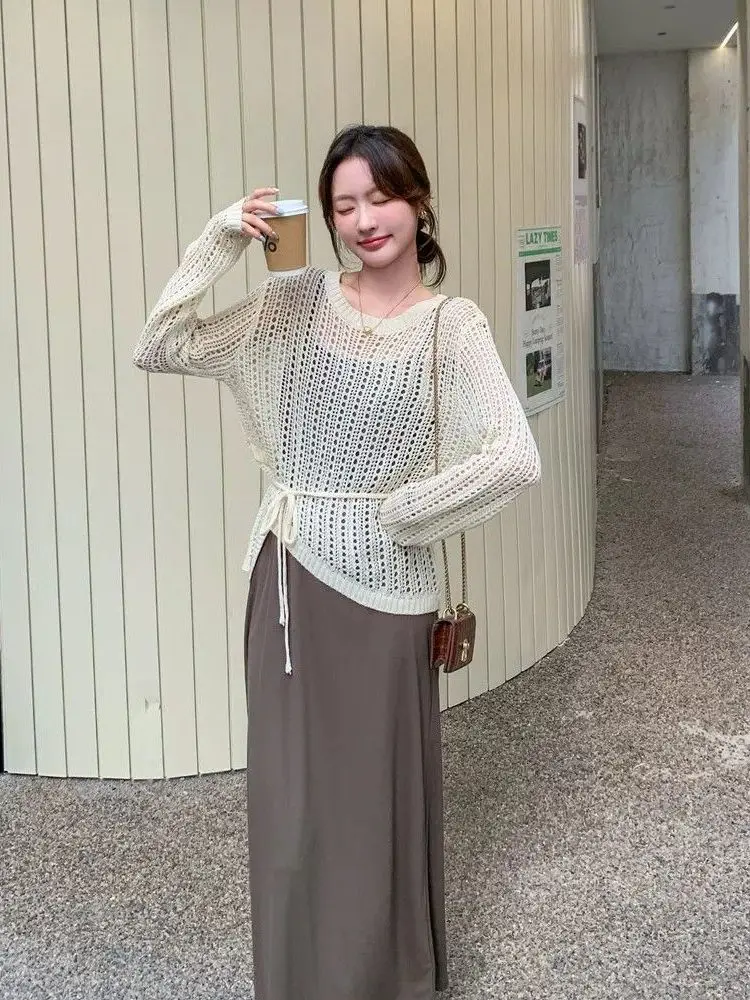 Korean Style Loose Knitted Long Sleeve Shirt Women's Thin Transparent Belted Waist Design Casual Atmosphere Sensation Top