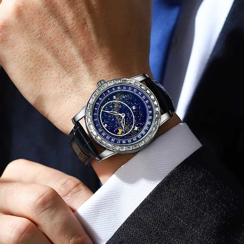 Stainless Steel Diamond Rotating Full Starry Sky Luminous Waterproof Precision Leather Strap Self-Wind Automatic Watch for Men