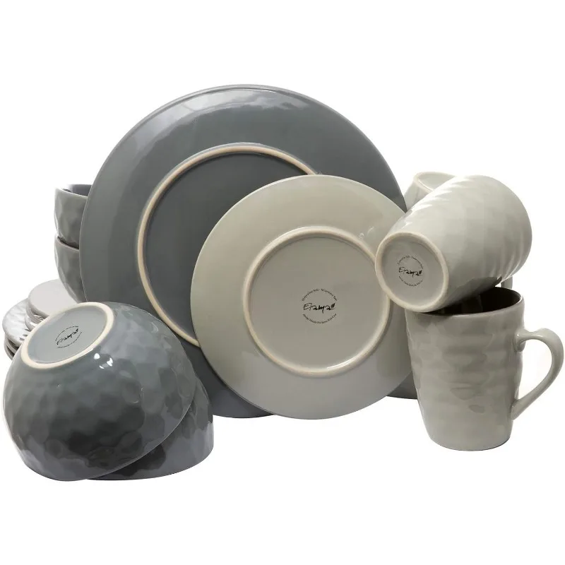 Round Tahitian Stoneware Pearl Collection Dinnerware Dish Set, 16 Piece, Slate and Stone Gray