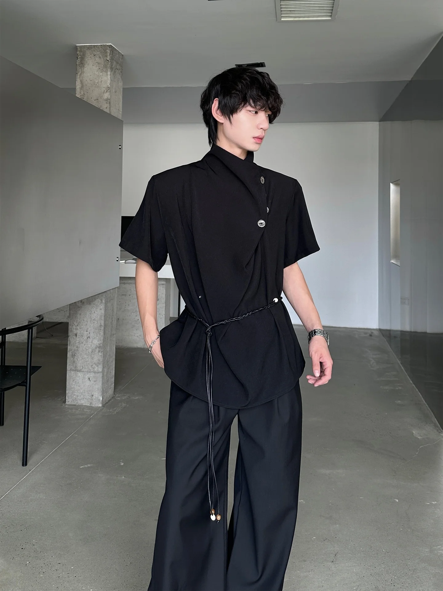 Casual Loose Men's T-shirt Short Sleeve Stand Collar Asymmetrical Design Breathable Comfortable Polyester Blend Basic Style