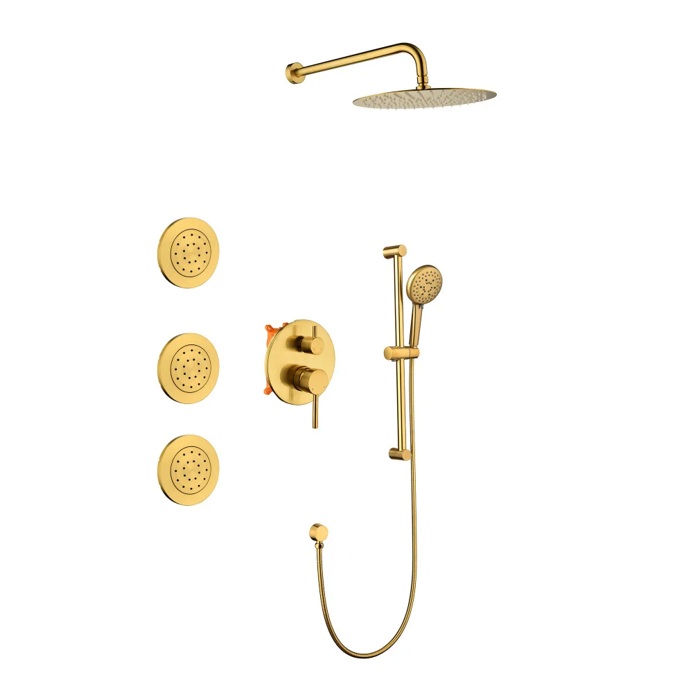 Shower System with Shower Head, Hand Shower, Slide Bar, Bodysprays, Shower Arm, Hose, Valve Trim, and Lever Handles