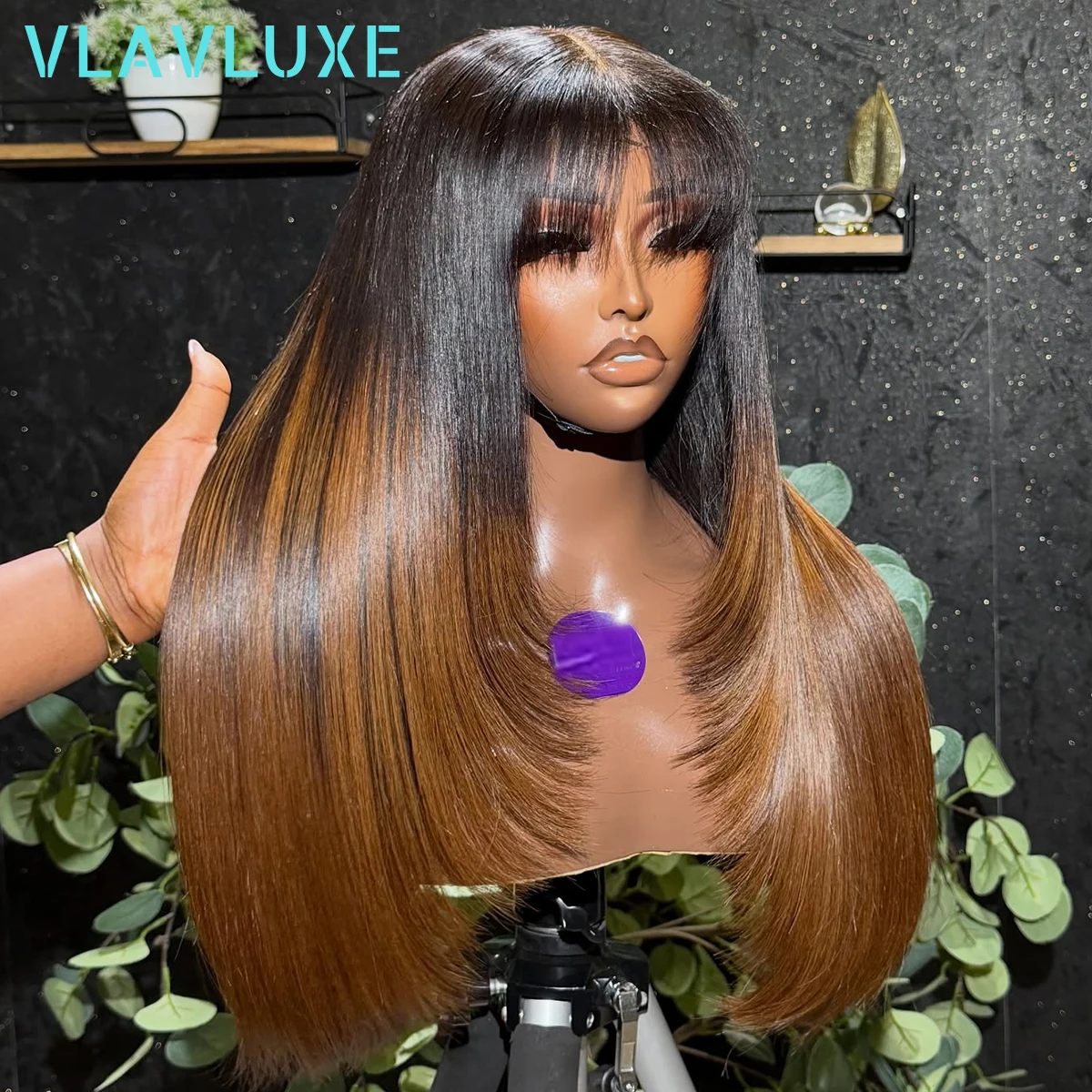 Ombre Colored Brown With Bang Layered 13x6 HD Transparent Lace Frontal Wig Bone Straight Glueless 300/400 Density Human Hair Wig