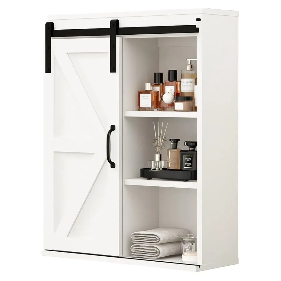 

Farmhouse Wood Wall Storage Bathroom Cabinet with Sliding Barn Door, Rustic Medicine Cabinet with Adjustable Shelf, 3Tier Vinta