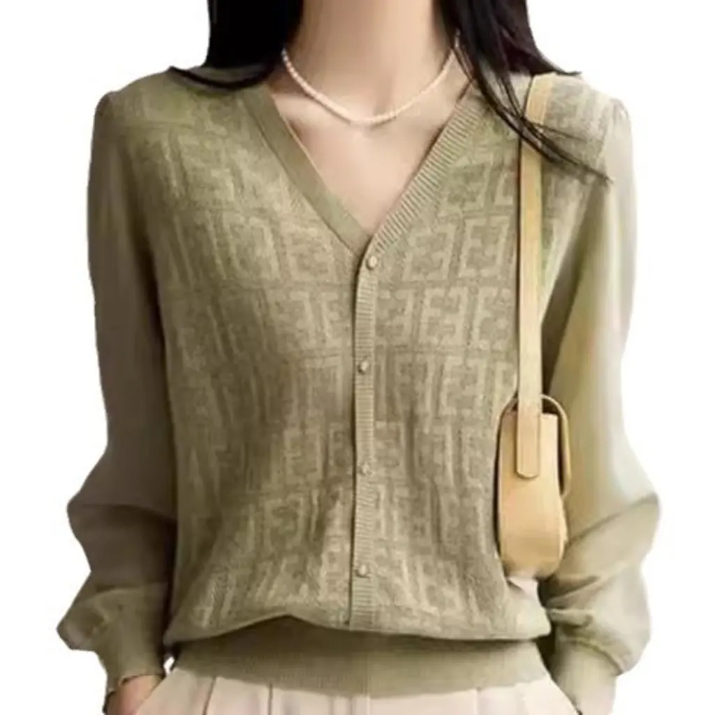 

Women's Ice Silk Knitwear Long-Sleeved V-Neck Pullover Top Spring Autumn New Loose Hollow Base Shirt Short Thin