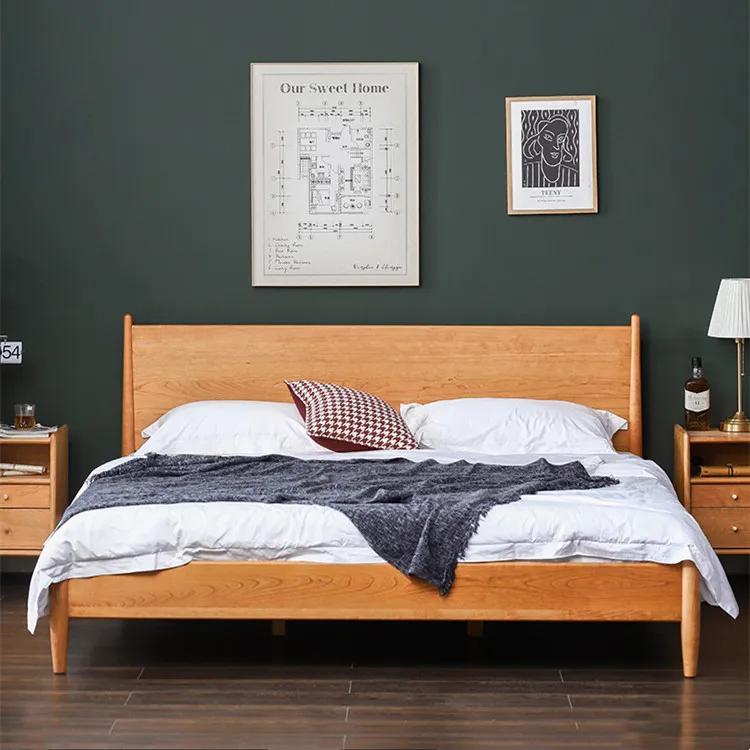

Nordic solid wood bed white oak cherry wood 1.5m 1.8m single double bed master bedroom Japanese simple log bed