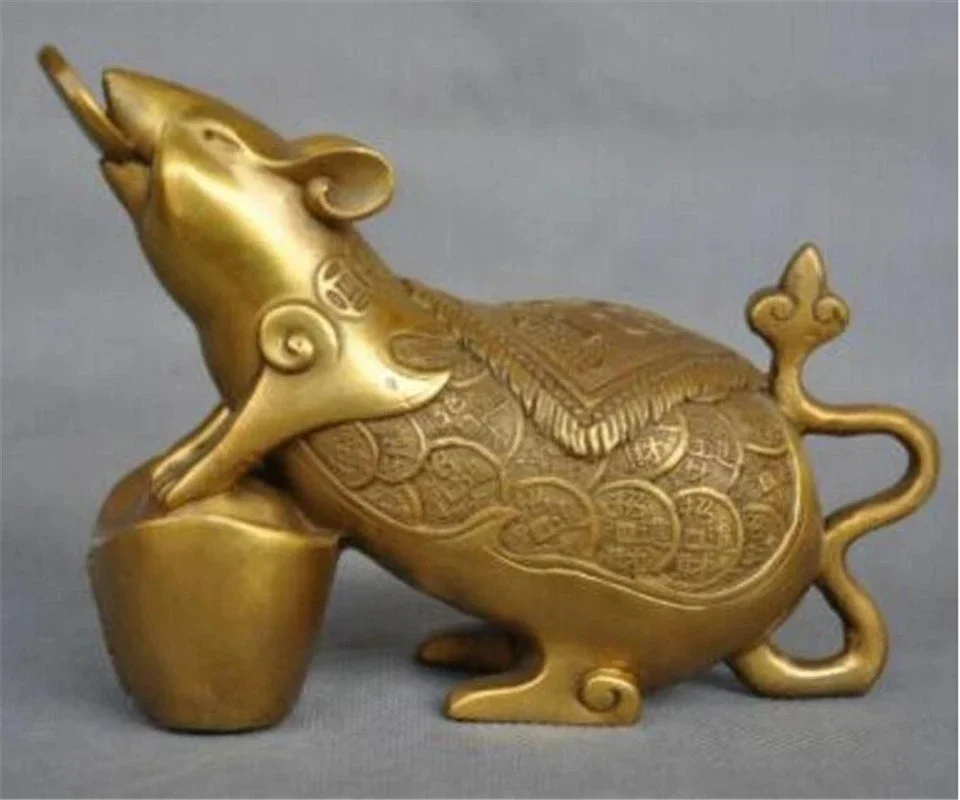 Copper statue Exquisite Chinese Zodiac Animal Rat Mouse Coin Yuanbao Money Bronze Statue