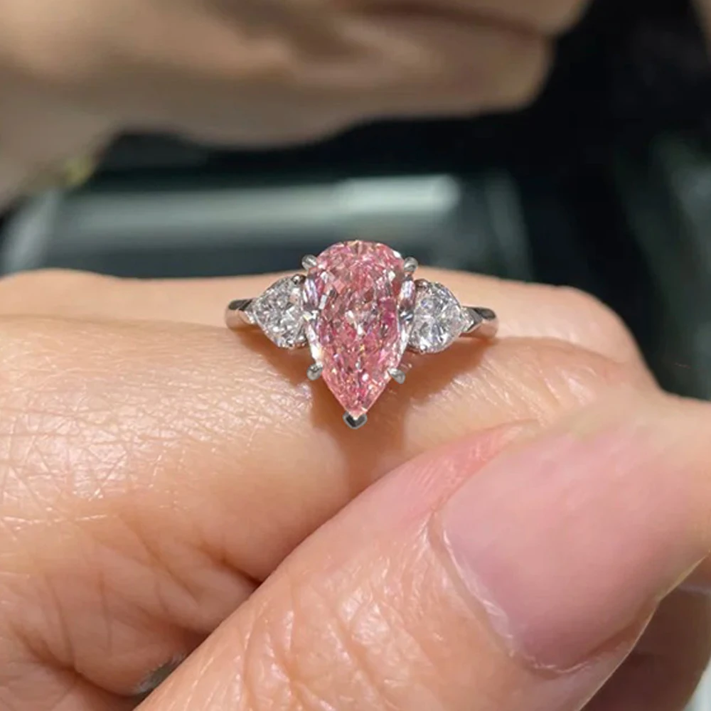 MUXIFC Pear Cut Moissanite Ring for Women Pink 3 Stone D Color Lab Diamond Wedding Band S925 Sterling Silver Fine Jewelry Gift