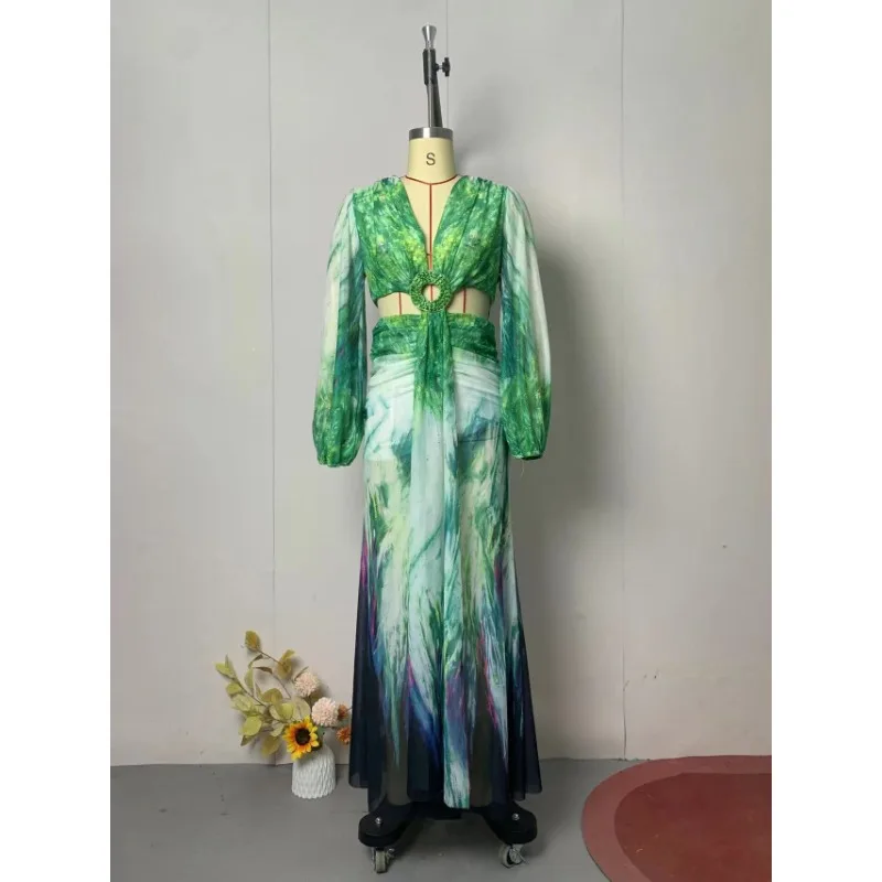 Abito da spiaggia floreale per le vacanze da donna sexy Elegante abito da festival tropicale con maniche lunghe Y2K con scollo a V scavato e spacco increspato