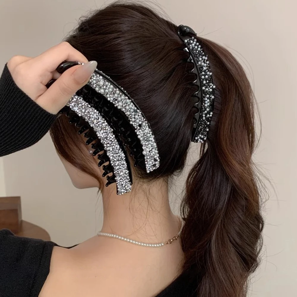 Elegant Rhinestones Banana Clip Sparkling Crystal Pearl Ponytail Holder Twist Hairpin Women Girls Summer Daily Party Hairpiece