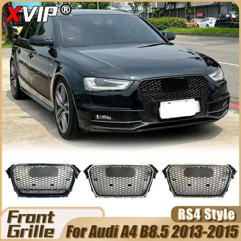 XVIP 유광 블랙 RS4 스타일 프론트 레이싱 그릴, 콰트로 포함, 아우디 A4 B8.5 13-15 실버 프레임, 허니콤 RS4 스타일 어퍼 그릴