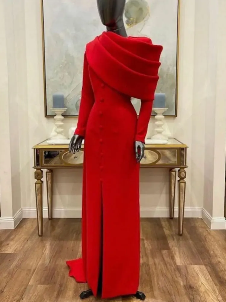 

Sheath Chrismas Evening Gown Cape Dress Sweep Brush Train Long Sleeve Cowl Neck Stretch Fabric with Buttons Slit Dress Customize