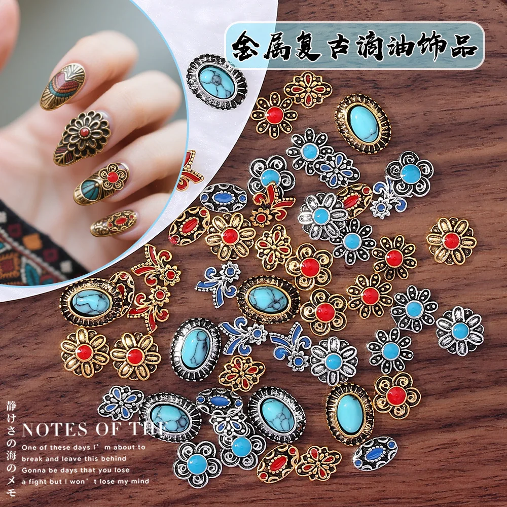 Vintage Bohemian Alloy Press Ons Nails Charms 3D Ethnic Enamel Drops Accessories For Wedding/Party DIY Nail Design Art Wholesale