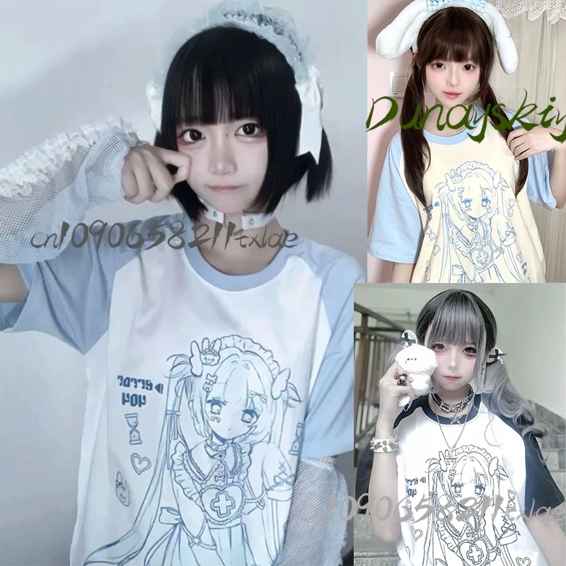 

Subcultural water color Jirai Kei Gothic Sweet summer short sleeved t-shirt pure cotton abi light anime top women loose casual