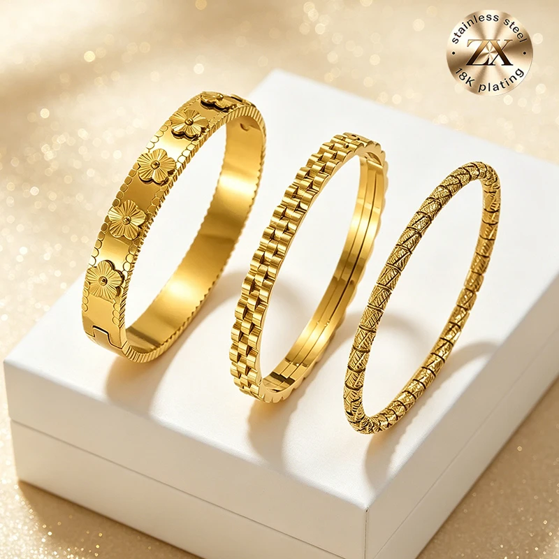 3pcs Gold Plated Stainless Steel Stackable Bracelet With Chain And Clover Design Fashion Style For Women, Suitable For Casua