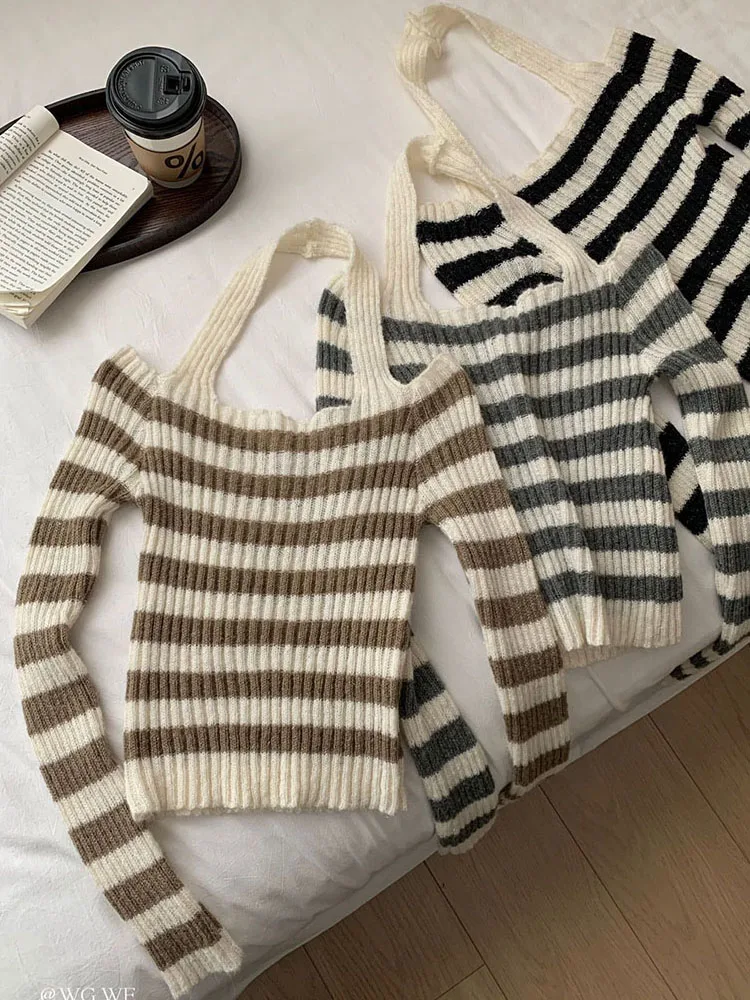 Sweet Preppy Style Classical Striped Sweater Women Halter Knitted Pullover High Street Casual Jumper Japanese Y2k Autumn Winter