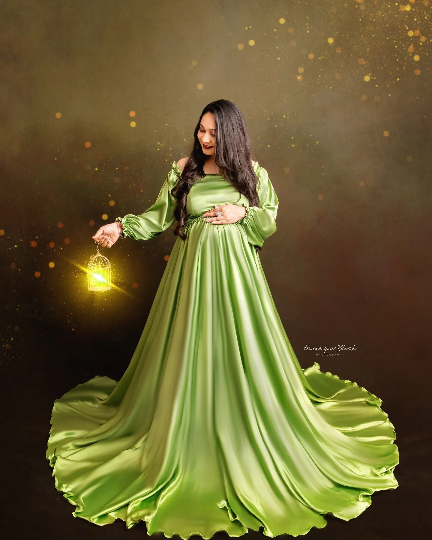 

Grass Green Satin Women Pregnant Wedding Prom Dress Full Sleeves Maternity Bridal Evening Gown Customized Robe