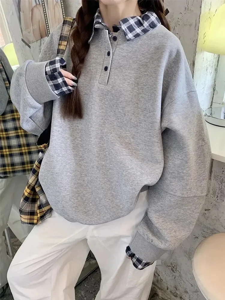 

Zoki Retro Plaid Patchwork Sweatshirts Women Preppy Style Loose Casual Pullovers Korean Long Sleeve Vintage Female Simple Tops