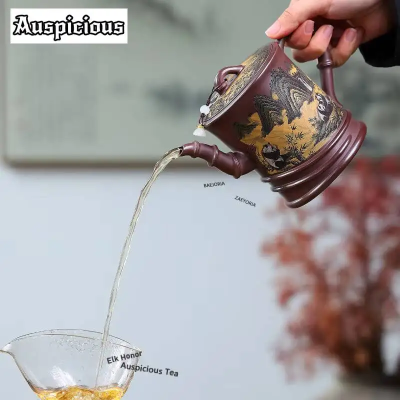 ZAEYORIA 570ml Yixing Purple Clay Large Teapots Handmade Panda Bamboo Pot Raw Ore Mud Kettle With Infuser Chinese Zisha Tea Set