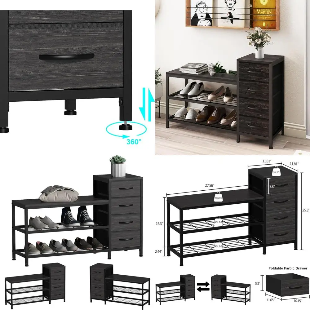 

3-х уровневая скамья для хранения обуви с тканевыми ящиками, металлическим каркасом и деревянным сиденьем для прихожей