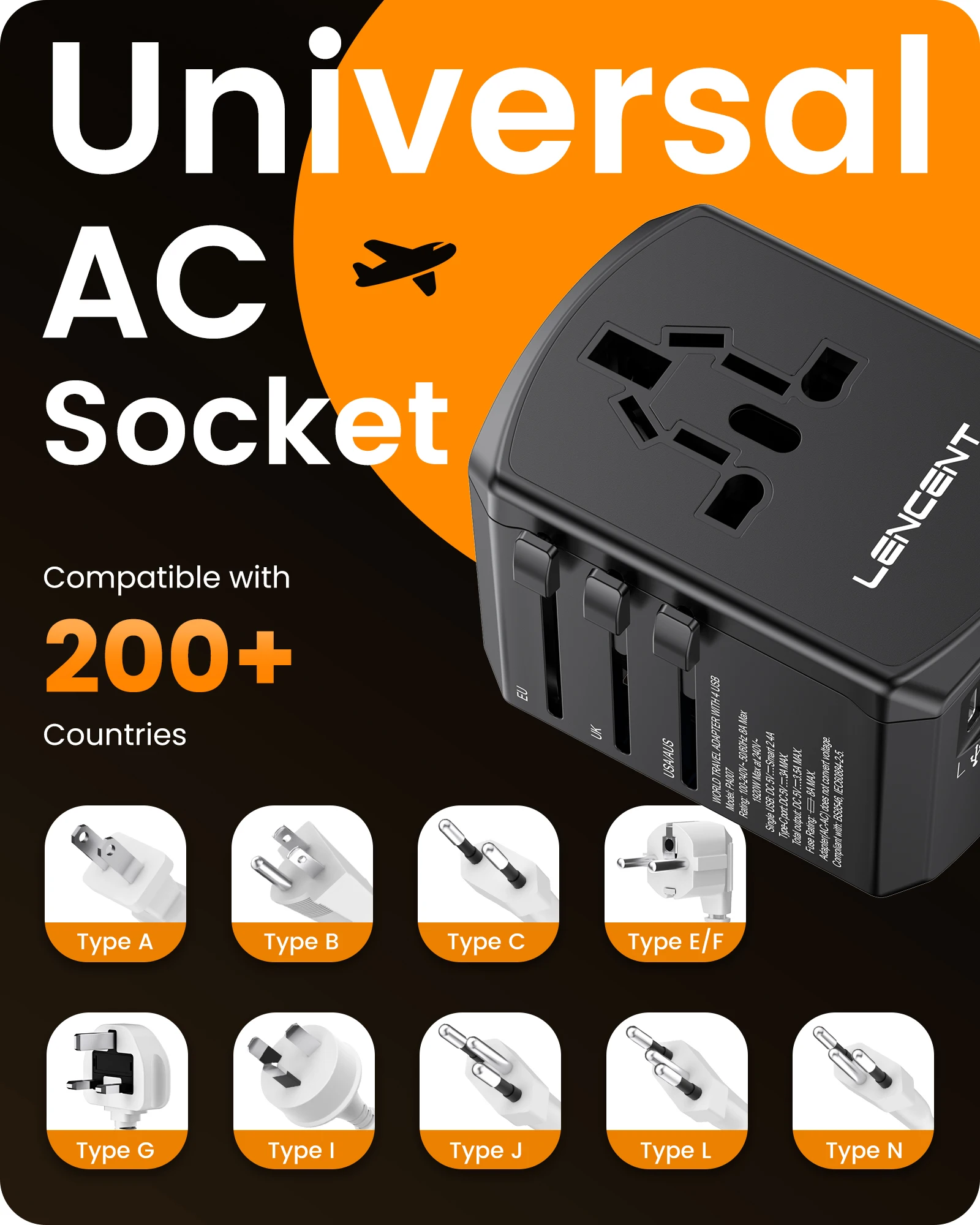 LENCENT Adaptador de viagem universal Adaptador de tomada internacional com 2 USB-C + 2 portas USB-A Carregador de parede para viagens UE Reino Unido EUA AUS