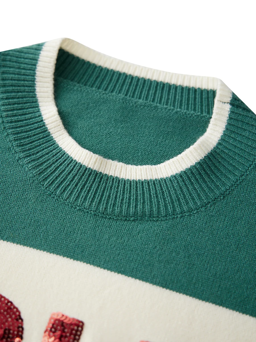 Women s Christmas Knit Sweater Long Sleeve Crewneck Sequins Letter Casual Striped Knitwear