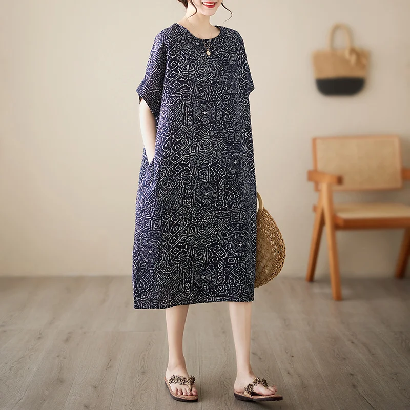 #3438 Retro Cotton And Linen Dress Women Pockets Loose Midi Dress Female Short Sleeve O-neck Vintage Long T-shirt Dresses Ladies