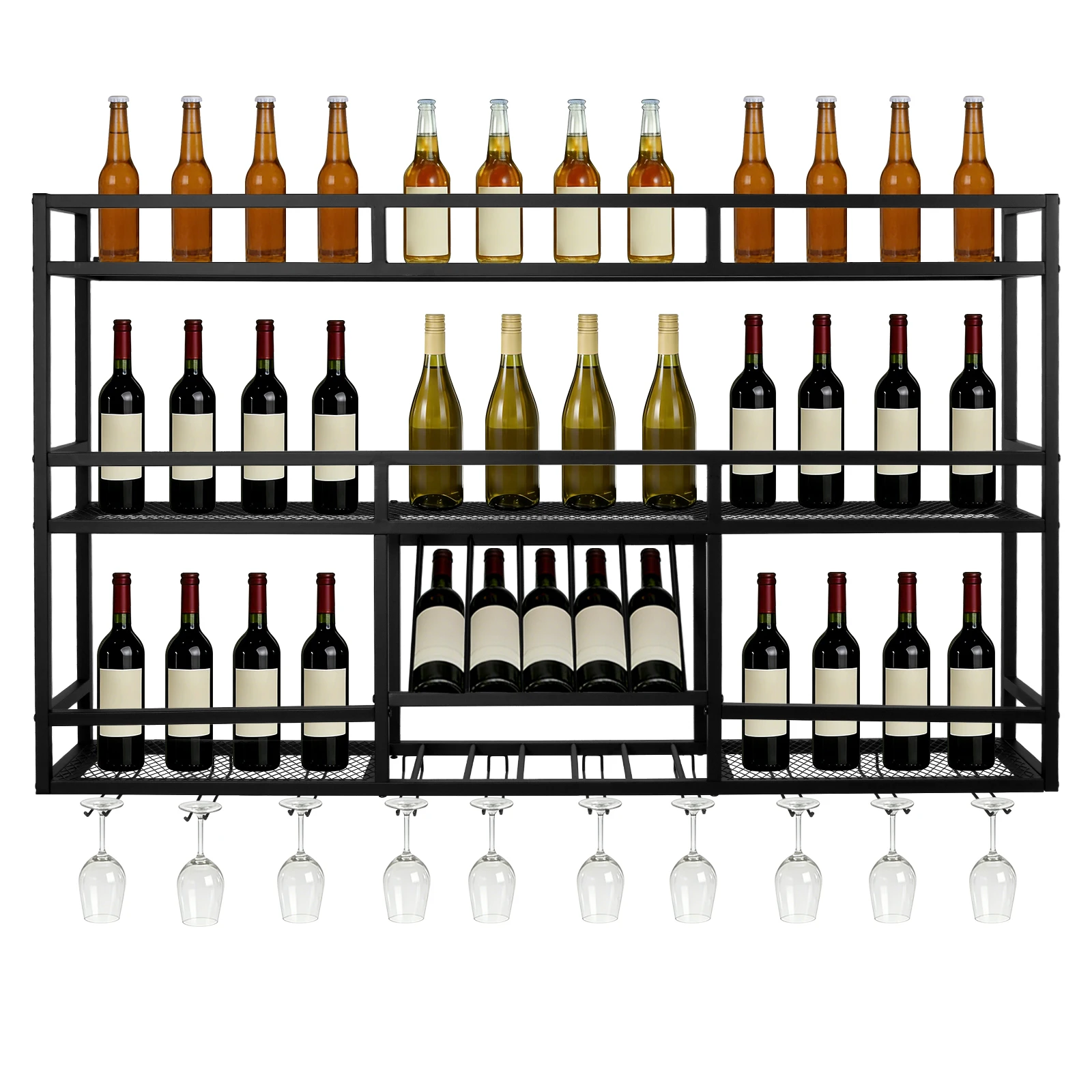 

3 Tiers Wall Mounted Wine Rack with Glass Holder Hanging Liquor Shelf Wall Mounted for Home Restaurant Commercial Bar Kitchen