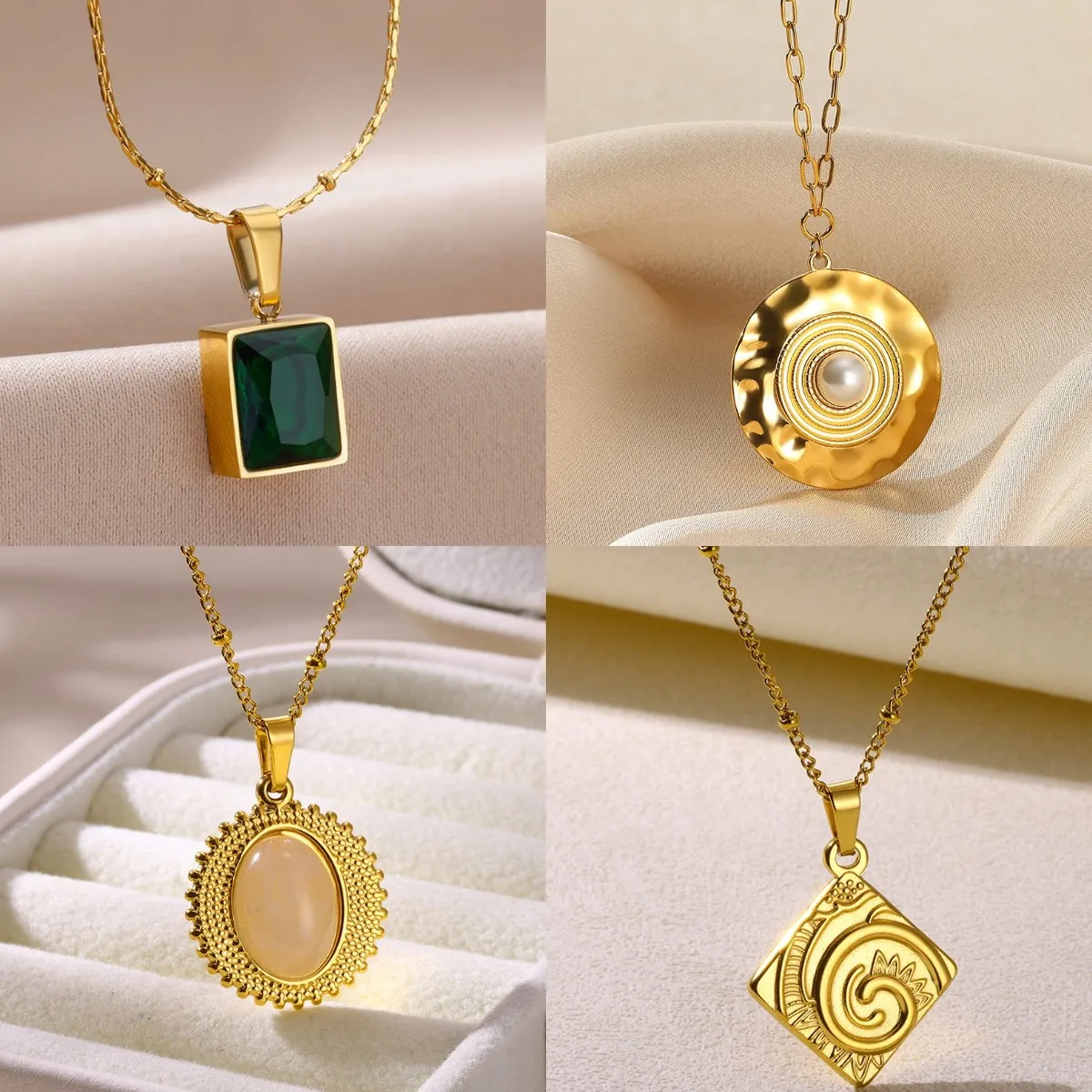 Modische Quadratische Grüne Zirkon Anhänger Halskette für Frauen Gold Farbe Edelstahl Runde Perle Halskette Schmuck Kostenloser versand
