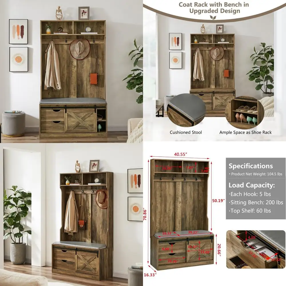 مقعد مدخل باب الحظيرة المنزلق مقاس 71 بوصة على طراز المزرعة مع رف معطف وتخزين للممر