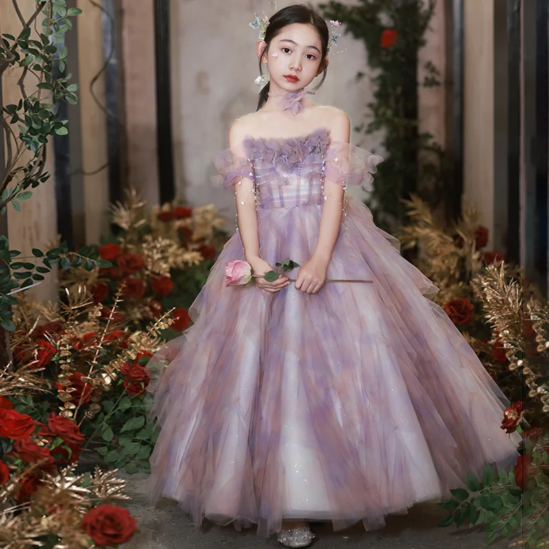 2024 Girl Summer Princess Dresses Elegant Luxurious Long Evening Dress Host Performance Children Costumes Teenager Gala Clothing