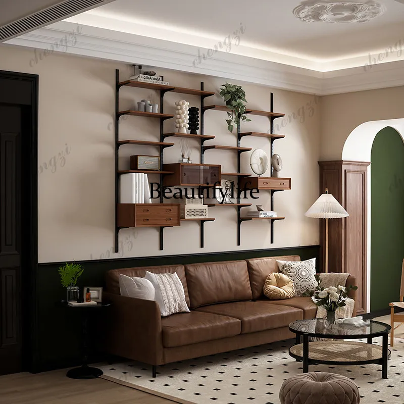 Mid-Century Wood Bookcase Nordic Retro Wall-Mounted Track Shelf Designer's High - End Home Furniture Estante Industrial