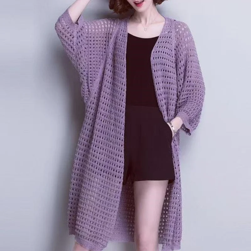 V-Neck Hollow Out Knit Long Cardigan Loose Batwing Sleeve Women\'s Coat Autumn Elegant Casual All-Match Retro New Chic Sweater