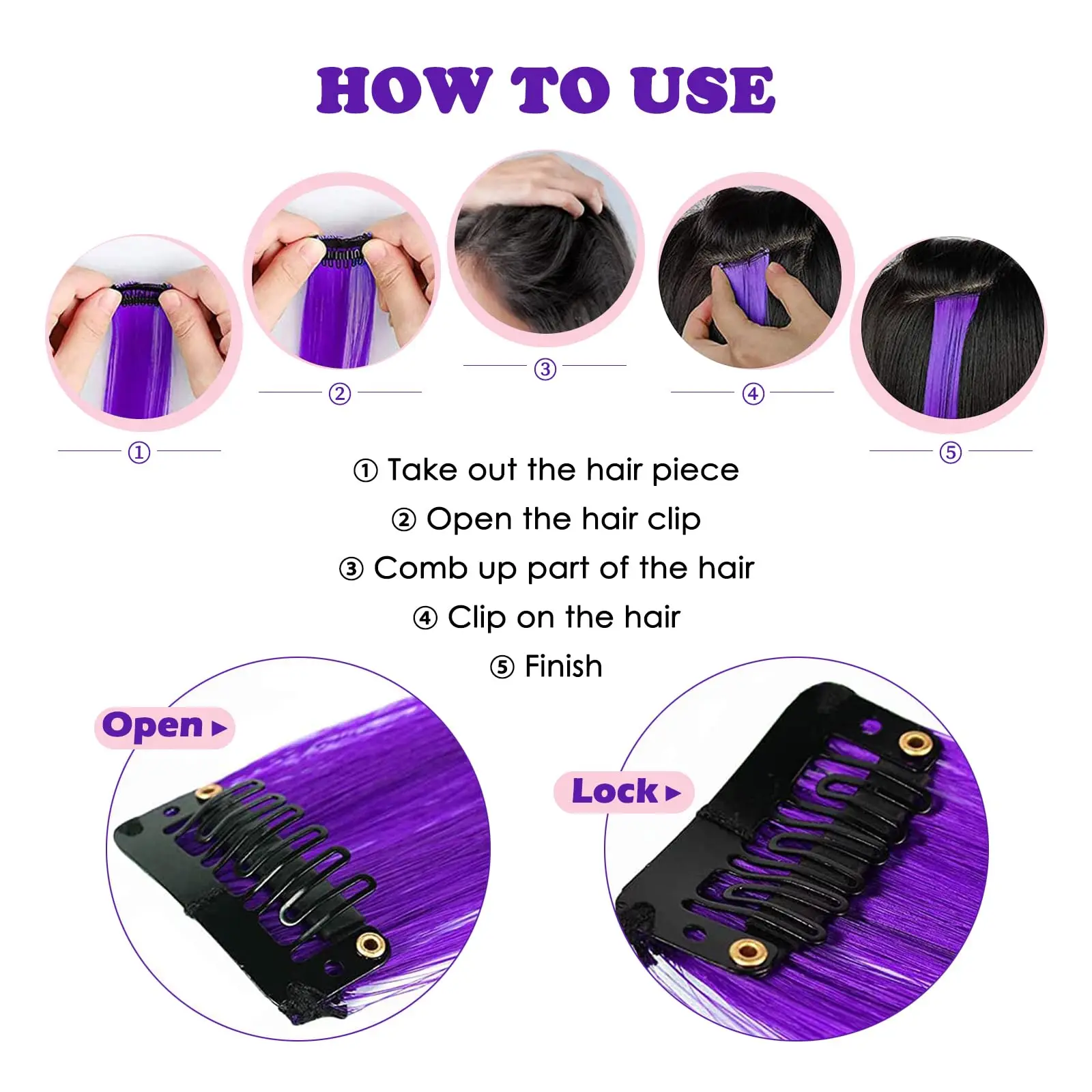 Purple Hair Extensions 6Pcs Colored Clip in Hair Extensions Synthetic 24 inch Rainbow Extensions Dress Up Fashion Party Birthday image 2