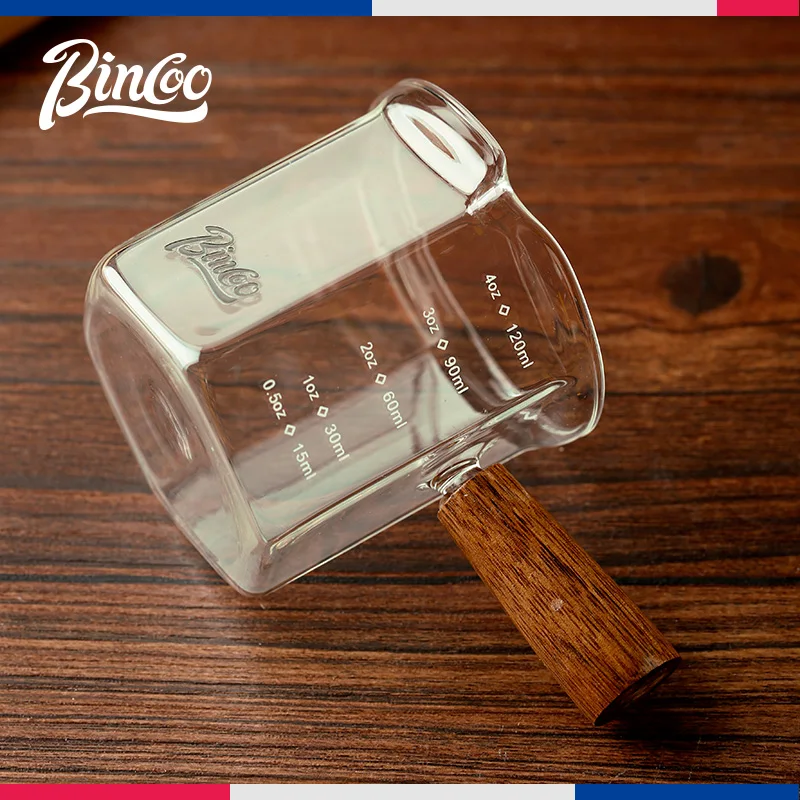 Imagem -05 - Bincoo 120ml Copo de Medição Espresso de Vidro com Punho de Madeira Alta Borosilicate Vidro da Cozinha Clara Medida Caneca de Leite