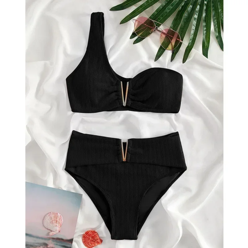 Bikinis sexys negros 2025, traje de baño de cintura alta para mujer, traje de baño para mujer, trajes de baño, conjunto de Bikini brasileño, ropa de playa, bañista