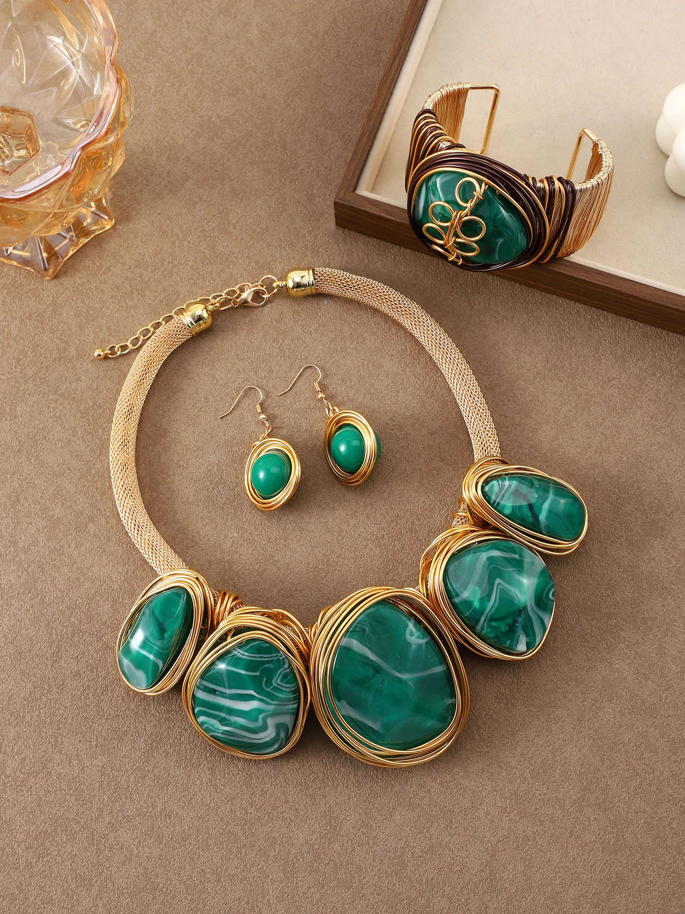 Women 3Pcs Jewelry Set Exaggerated Geometric Resin Block Necklace Bracelet Earrings Statement For Party Christmas Gift Accessory