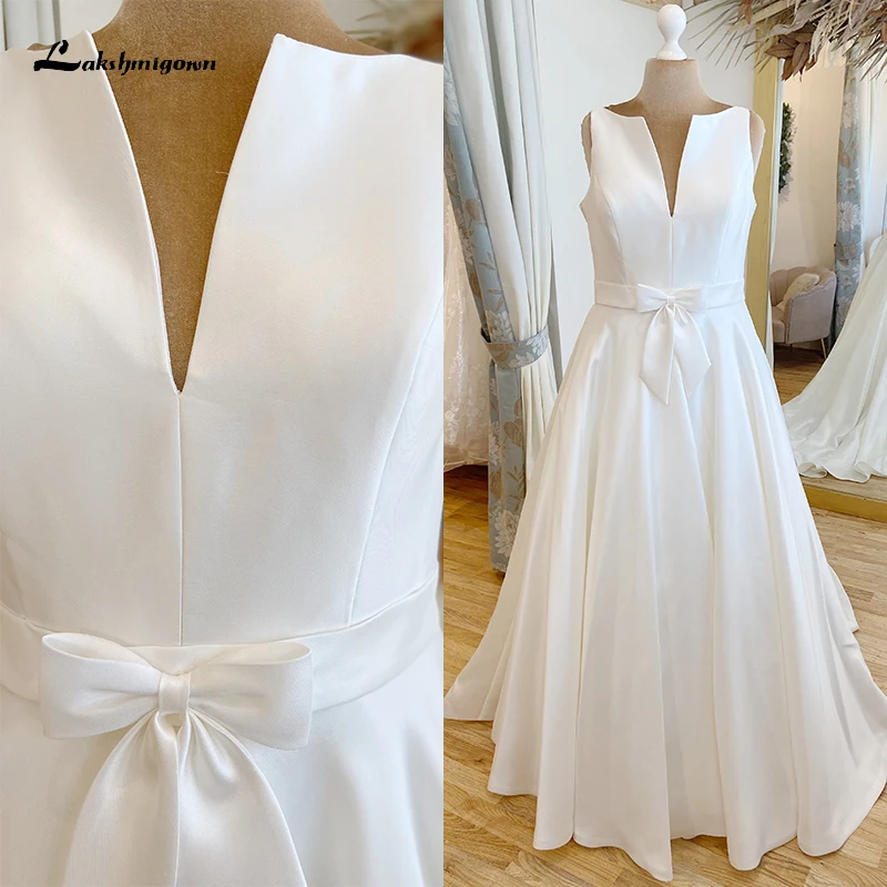 Robe de mariée trapèze Simple, élégante, Sexy, col en v, sans manches, balayage, bouton au dos, ceinture avec nœud, pour femmes