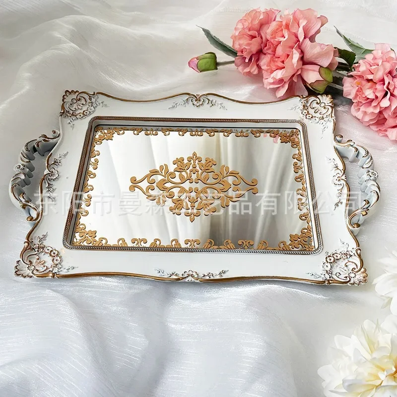 Golden retro European mirror round tray afternoon tea dessert table setting utensils storage plate photo props