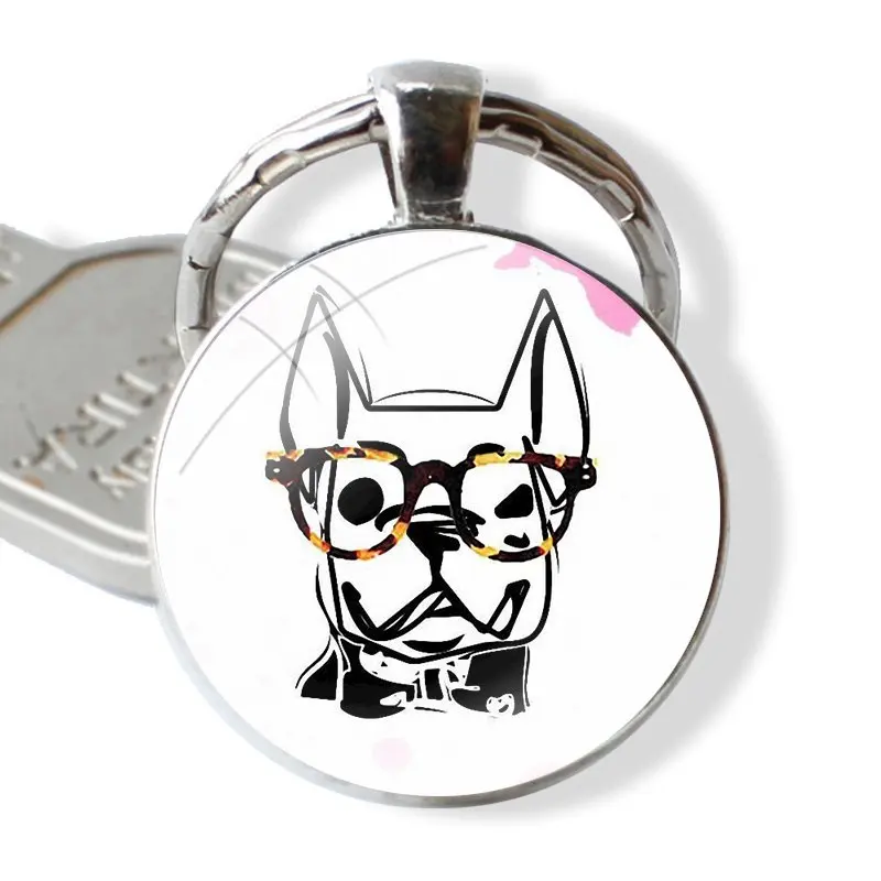 Fashion Creative Cartoon Design French English Bulldog Keychain Handmade Glass Cabochon Key Ring Holder Pendant Key Chains