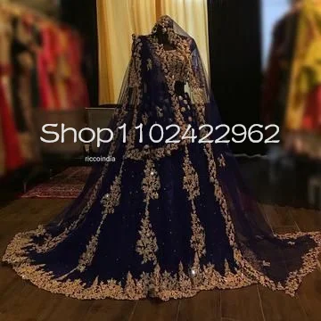 로얄 블루 2 피스 인도 무도회 드레스, 럭셔리 길터 아플리케, Lehenga Choli Sarees 이브닝 가운, 맞춤형 베일 포함