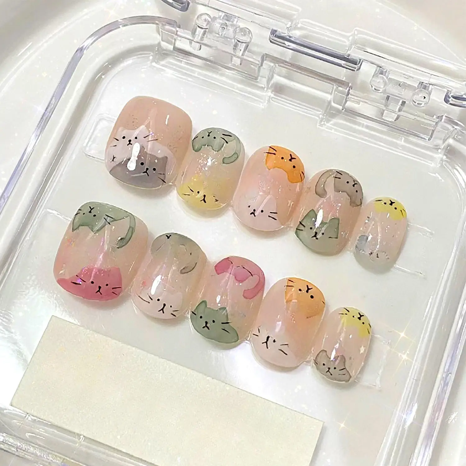 

10pcs Kitty Graffiti Fake nails Nail tips Press on nails Soft gel tips nail Short nail False nails Half handmade nail art