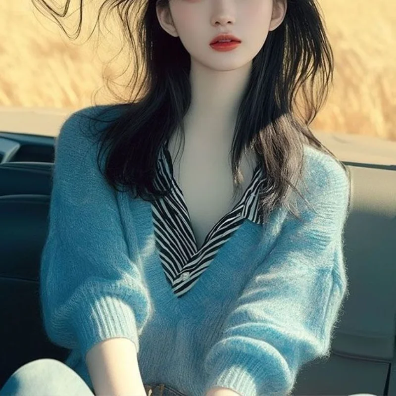 Blue Fake Two-piece Spliced   lapel Sweater Korean Long-sleeved Top
