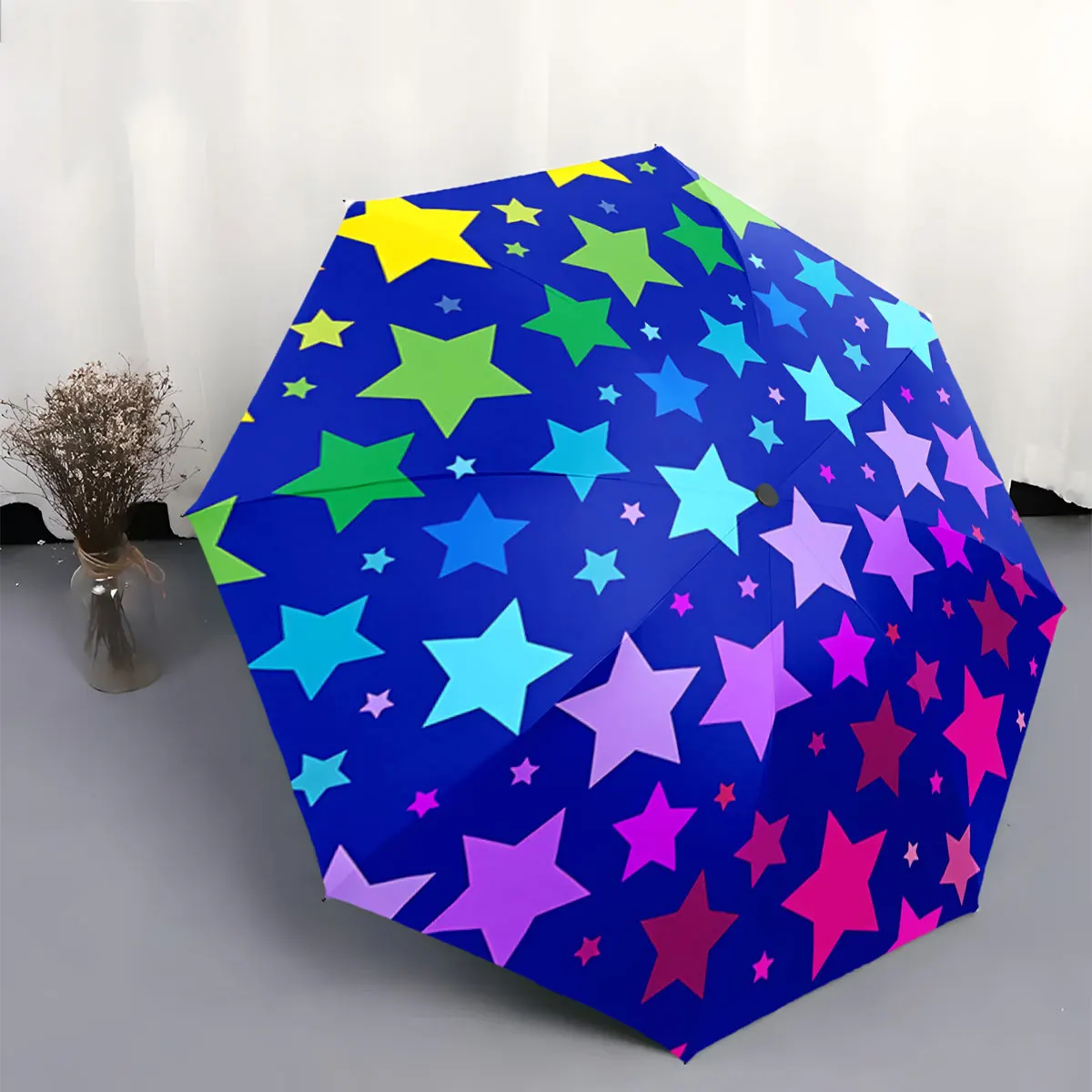 Colorful Stars Pattern On Dark Blue Background Umbrella portable waterproof sun rain umbrella for outdoor travel beach