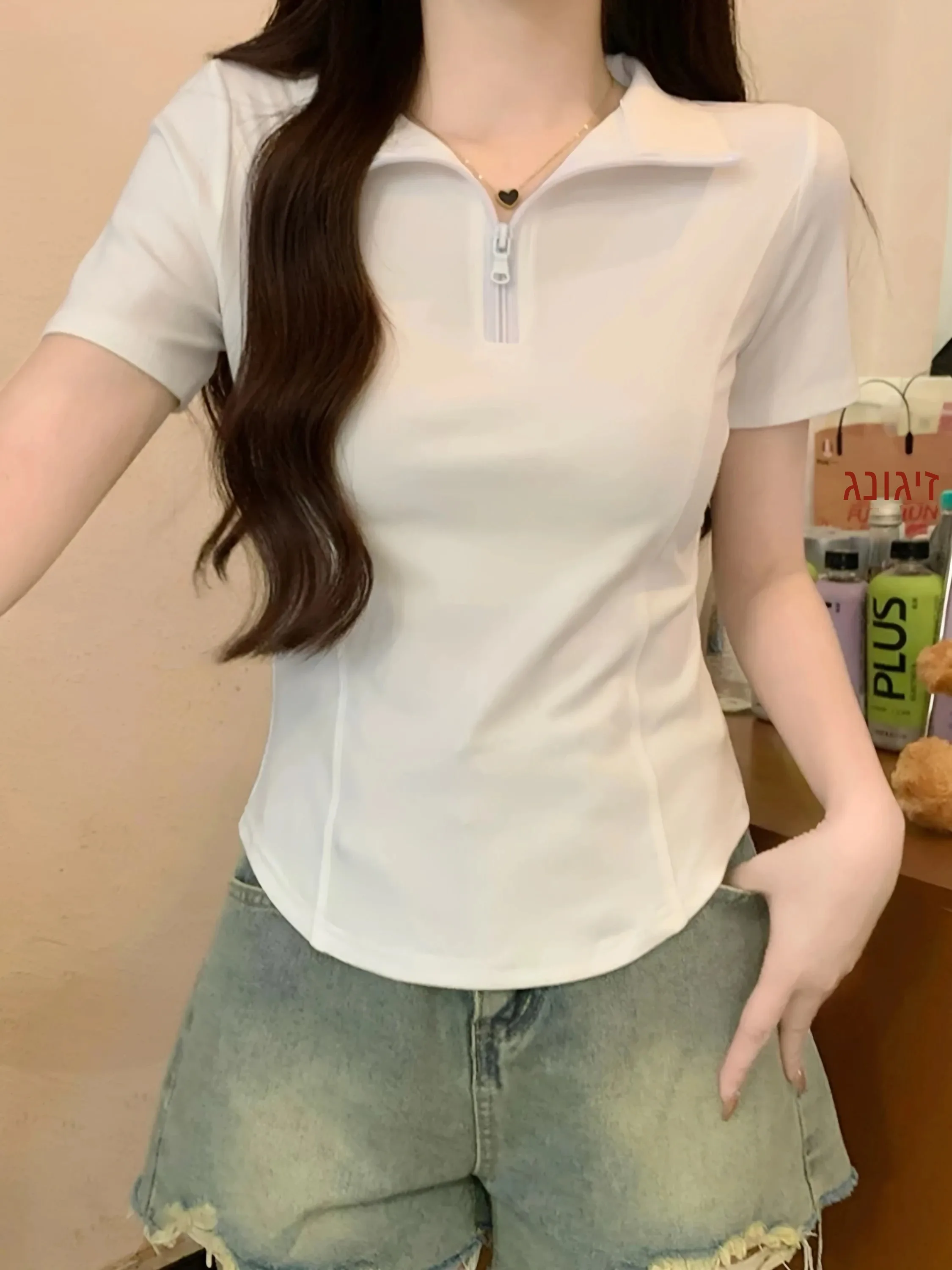 Summer Slim Fit  Neck Zipper Short Sleeve T-Shirt Women's 95 Cotton Large Size Shoulder Appropriate Fishbone Top