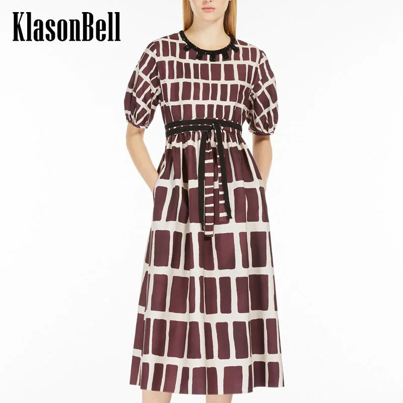 

7.18 KlasonBell Women Temperament Elegant Beading Round-Neck Irregular Plaid Print Dress 2024 New With Sashes Maxi Dress