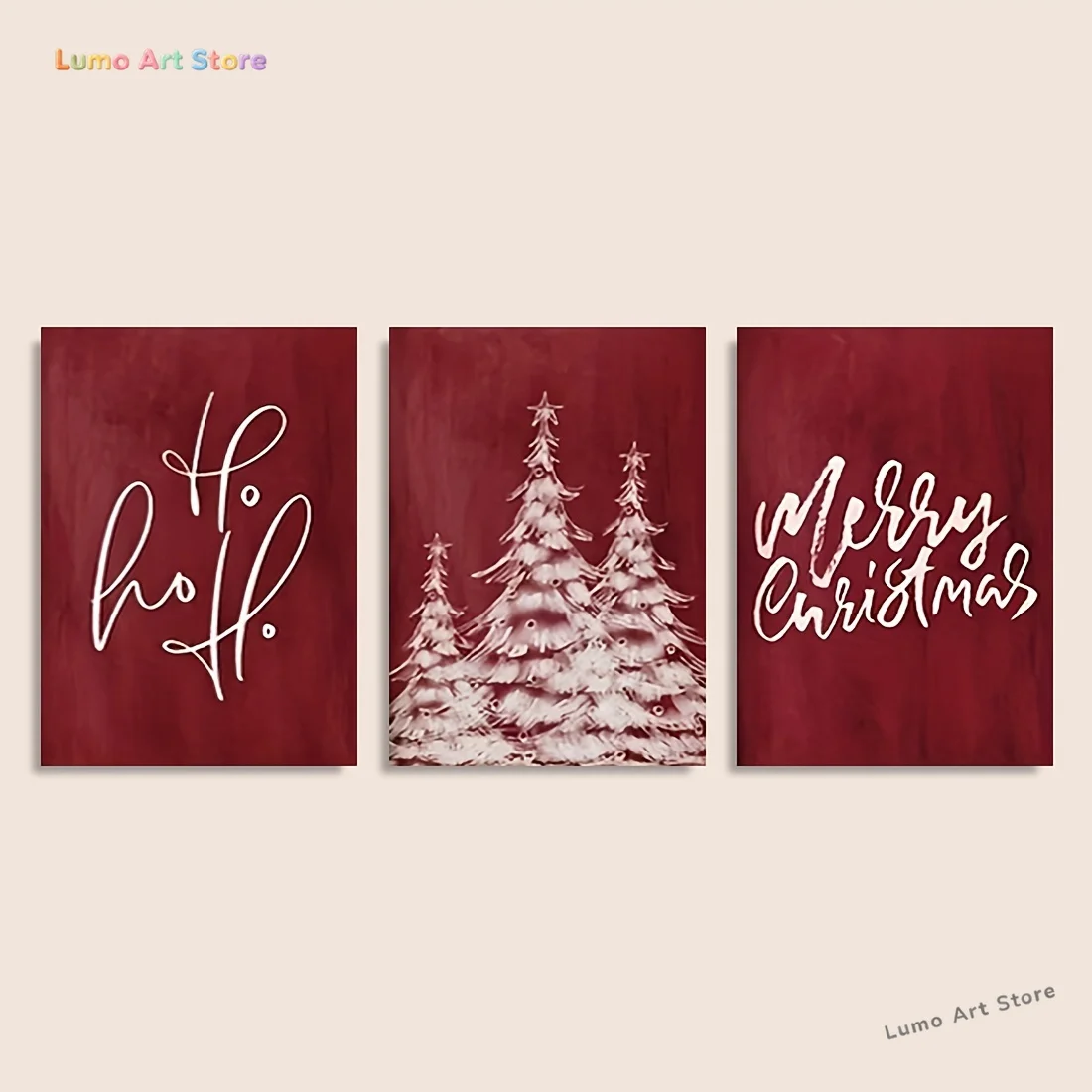 2D Flat, 2D Flat Wall Decor, Frameless Red Holiday 3pcs Set, Featuring a Pine Tree and the Words 