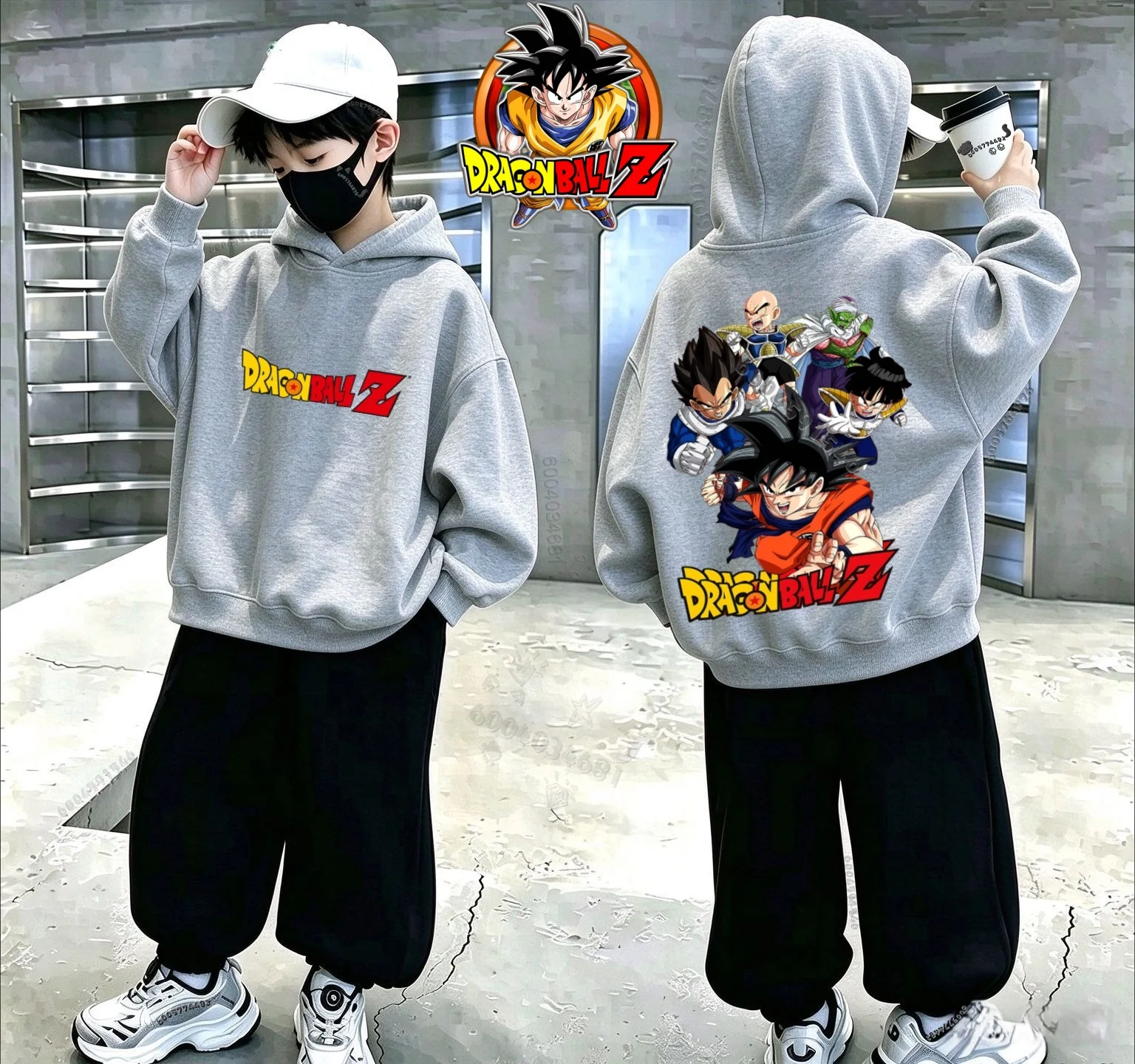 Y2K Boys Anime Dragon Ball Z Hoodie Front Back Graphic Print Hooded Sweatshirt Kids Long Sleeve Pullover Streetwear