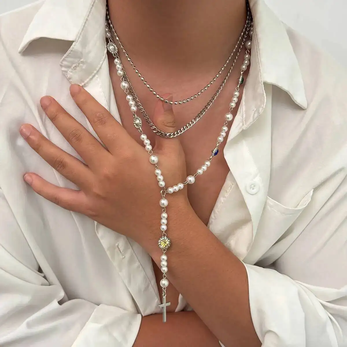 

KunJoe 3 Pcs Hip Hop Stainless Steel Chain Cross Pendant Necklace for Men Goth Imitation Pearl Choker 2025 Trendy Male Jewelry