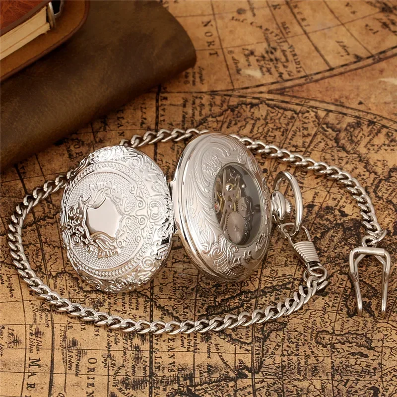 Luxury Silver Shield Hand Winding Mechanical Pocket Watch Skeleton Analog Wind Up Men Women Clock Watches Pendant Chain Gift